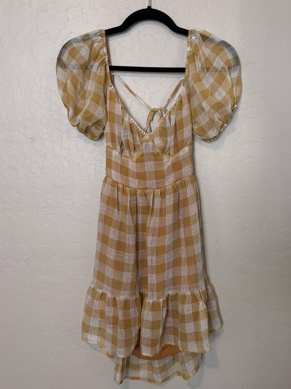 Mable Mustard Gingham Puff Sleeve Mini Dress Womens Large Open Back